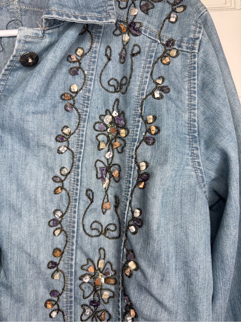 Chico's Light Blue Embroidered Denim Jacket with gemstones and bead stitching - Picture 5 of 6